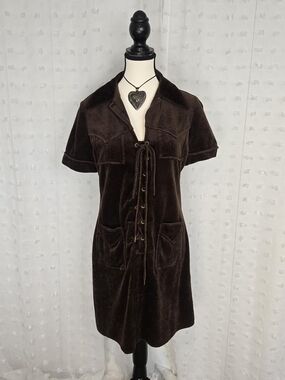 Vintage 70s Brown Velvet Lace-Up Shirt Dress